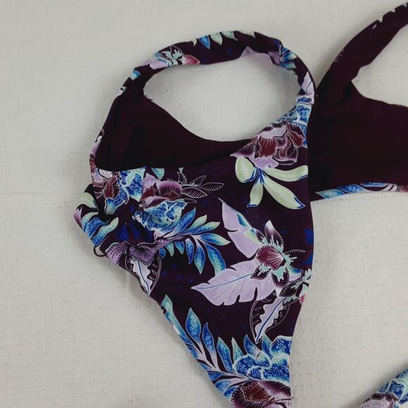 Decree Womens Small Wrap Style Front Purple Plum Tropical Floral Bikini Top - Picture 13 of 14